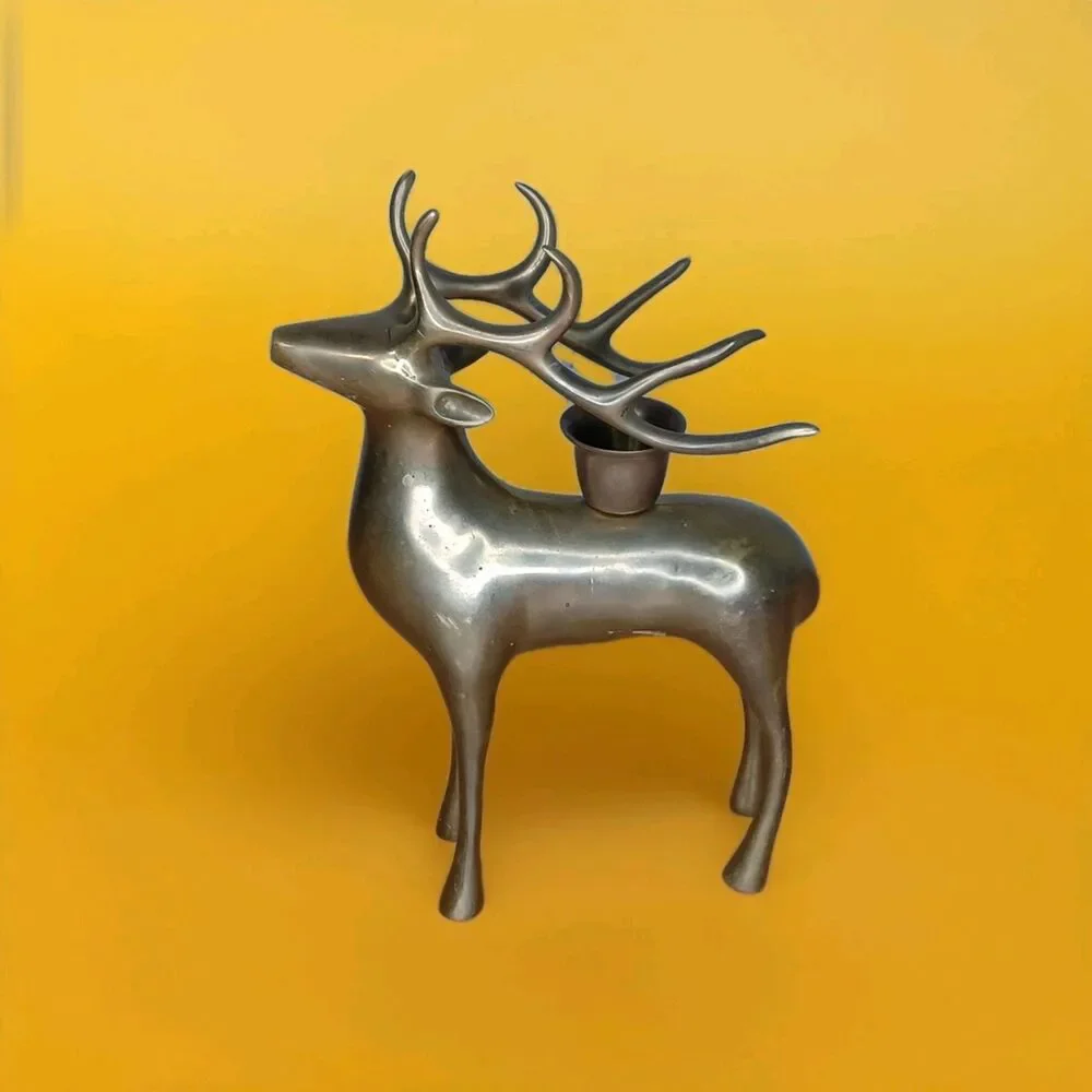 Metal Reindeer Candle Holder Sculpture Dark Brown 7.75